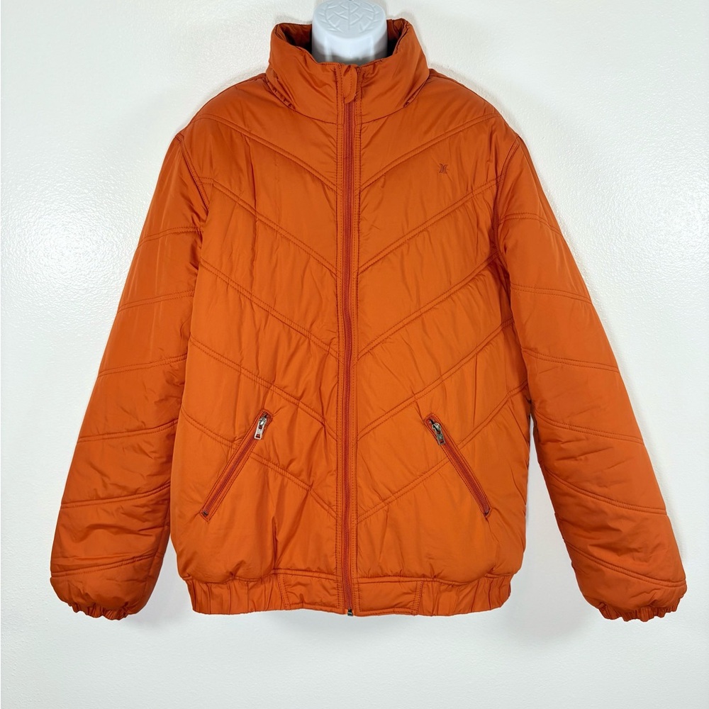 Hurley Men’s Vibrant Orange Puffer Bomber Jacket Roll Away Hood Zip Front SzXL